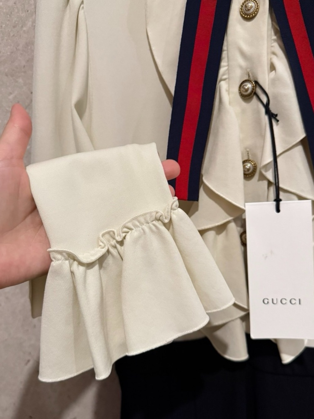 Gucci Cream and Black Ruffled Bow-Front Midi Dress with Signature Stripe - Picture 5 of 7
